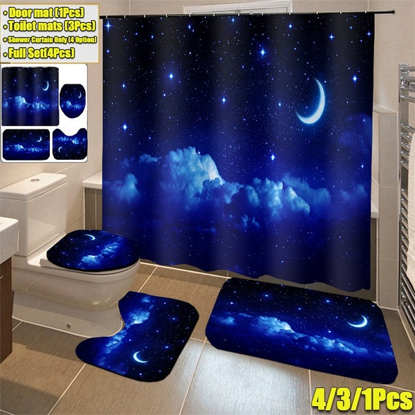 1-3-4 PCS 3D Navy Blue Starry Sky and Moon Printing Pattern Bathroom Decor Shower Curtain Set Waterproof Bath Curtain Toilet Cover Non-Slip Bath Rug