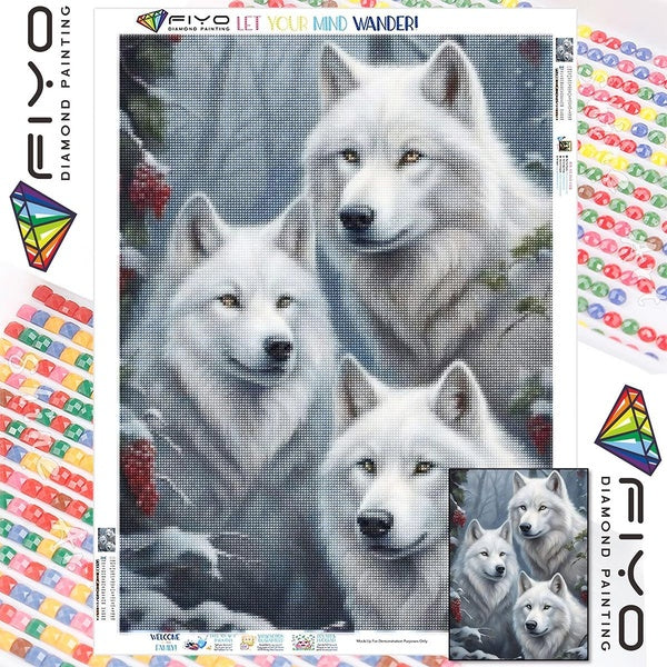 FIYO DIY 5D White Wolf Diamond Painting Full Drill with Number Kits Home and Kitchen Fashion Mosaic Diamond Painting Canvas Wall Decoration Gift Craf