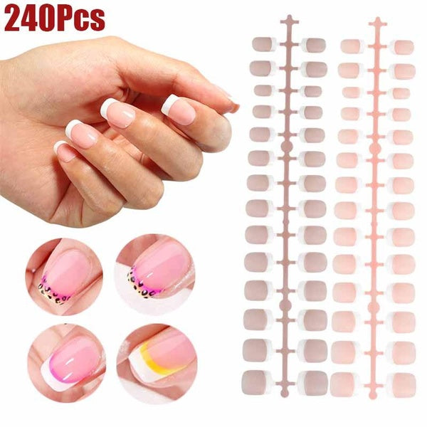 240Pcs French Short False Nails Acrylic Classical Square Full Cover Artificial Nails Full Wrap Gel Nail Art Tips for Home Office Nail DIY Decor