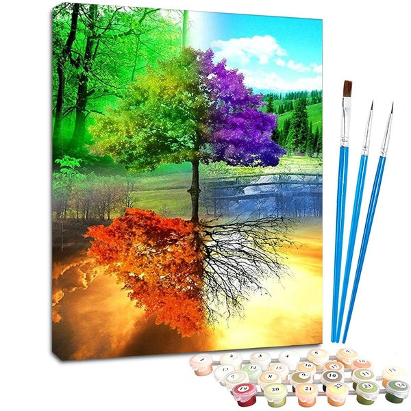 Seasons Tree Landscape FIYO Diy Oil Paint by Numbers Kits for Adults and Kids Beginner on Canvas Fashion Oil Painting Wall Art for Gift( No Frame )