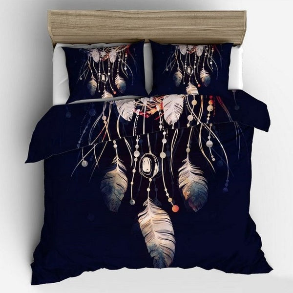 3D Gorgeous Feather Printed Dream Catcher Bedding Set Duvet Cover Set Navy Blue Baby Single Twin Double Full Queen King Size