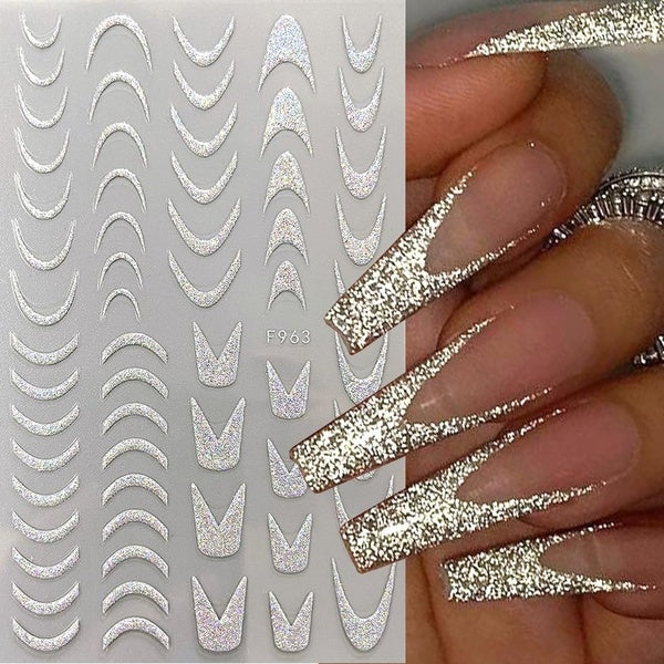Reflective Glitter French Tip 3D Nail Stickers Metal Swirl Stripe Line Decals Sparkly Wave Transfer Nail Art Manicure Decoration