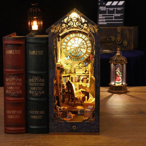 DIY Book Nook Miniature Kit for Bookshelf Insert Decor, 3D Wooden Detective Agency Decorative Bookends with LED Lights Kits