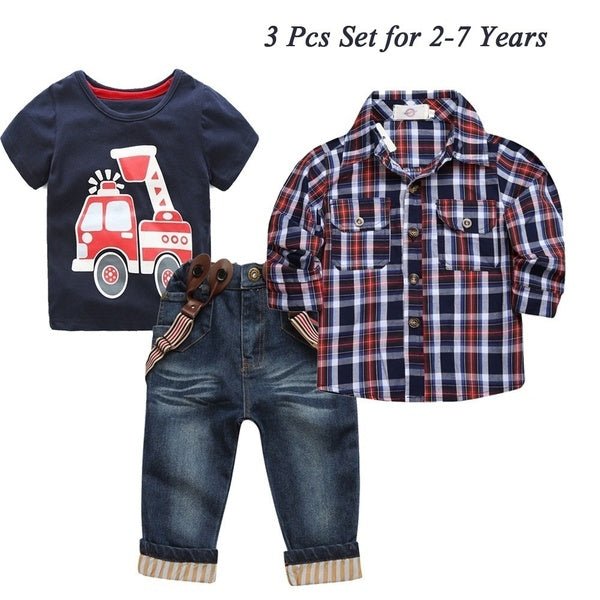 3PCS - Set Toddler Kids Baby Kids Baby Boys Truck Print T-shirt + Chemise à carreaux à manches longues + Bretelles Jeans Pantalons Vêtements Outfits