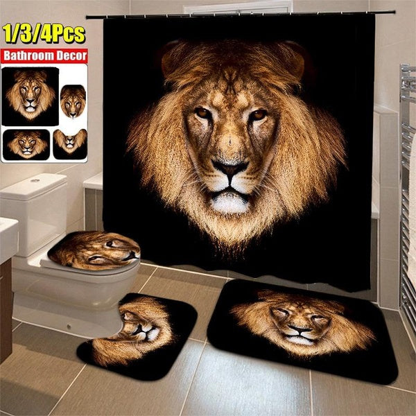 1-3-4Pcs Home Bathroom Decor Set Cool Black Background Lion Pattern Toilet Seat Cover Bath Mat Set Waterproof Shower Curtain