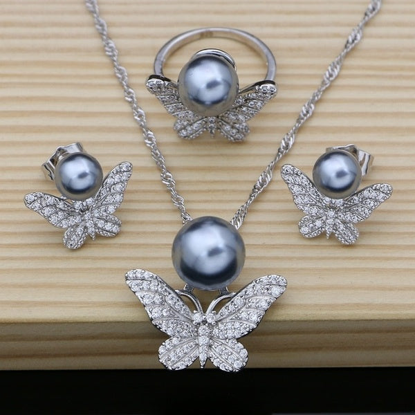 Butterfly Silver 925 Bridal Gray Pearl Beads Jewelry Sets for Women Needle Earrings-Pendant-Ring Animal Jewelry Necklace Set