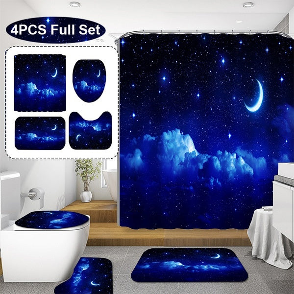 3D Night Starry Sky and Moon Window Curtains Magical Universe Galaxy Nebula Stars Printed Bathroom Shower Curtains Sets with Non-Slip Rug, Toilet Lid
