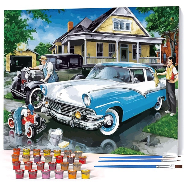 Blue Car FIYO Diy Oil Paint by Numbers Kits for Adults and Kids Beginner on Canvas Fashion Oil Painting Wall Art for Gift( No Frame )