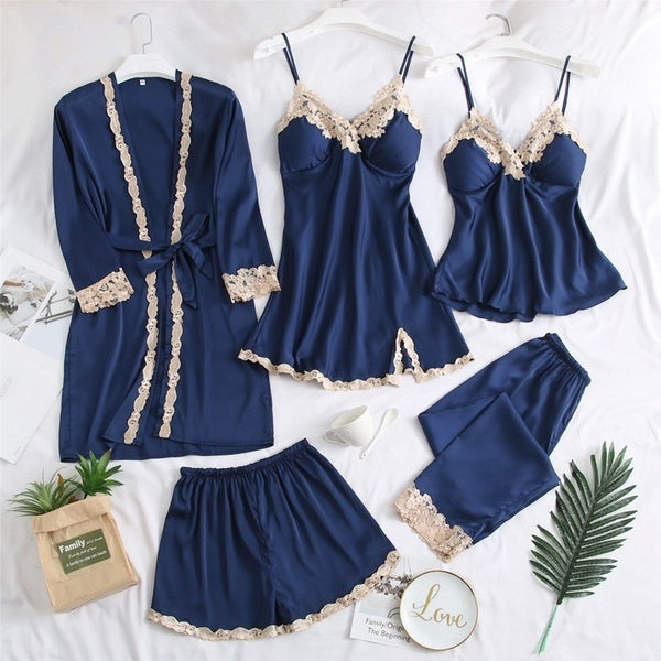 Femmes Lingerie Nithgtgowns Pyjamas Ensemble avec Robe de 5 PCS Pyjamas en Satin Ensemble Polyster Tissu Lisse et Confortable Pj Nuit SleepWear Loung