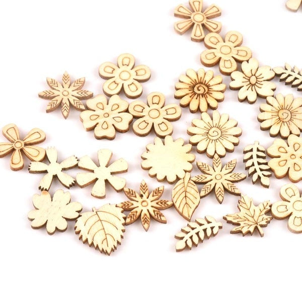 50pcs mixte plante-fleur-herbe motif maison décoration en bois pour Scrapbookings bricolage couture Carfts en bois embellissement 20mm MT1805