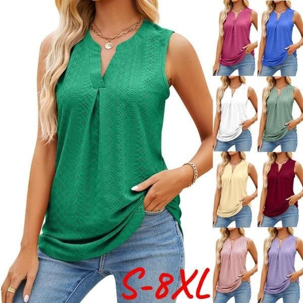 Women‘s Casual Summer Tops Plus Size Fashion Clothes Sleeveless Blouses Club Tops Sleeveless Tank Tops Ladies Deep V-neck Solid Color Boho Tops Camis