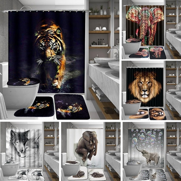 6 Styles 1-3-4PCS Animal Bathroom Set Tiger-Lion-Wolf-Elephant- Waterproof Shower Curtain Non-slip Mats Bath Carpets Toilet Seat Cover Floor Mat Pede