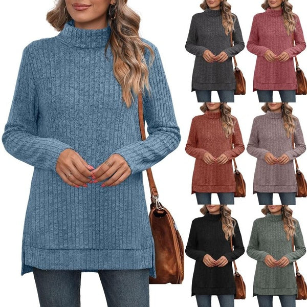 Women's Simple Style High Neck Long-sleeved Blouses Ladies Casual Solid Split Bottoming Shirts Cute Blouses Tops