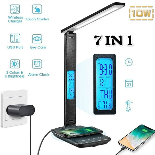 7 In 1 QI Wireless Charging Learning Work LED Desk Lamp 10W with USB Charging Port with Perpetual Calendar Alarm Clock Eye Protection Desk Lamp