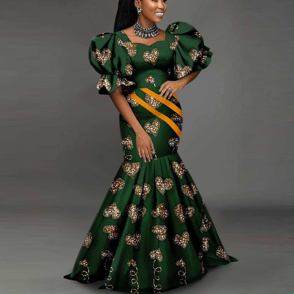 Afripride African Style Dashiki Women's Dress Ankara Printed Bubble Sleeve Solid Color Stripe Trimmed