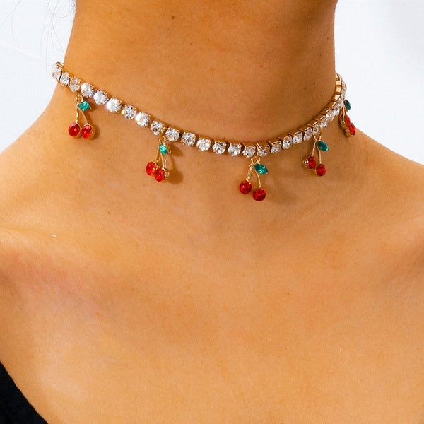 Femmes Mode Cristal Cerise Pendentif Collier pour Femmes Doux Charme Strass Chaîne Collier Ras Du Cou Bijoux Cadeaux