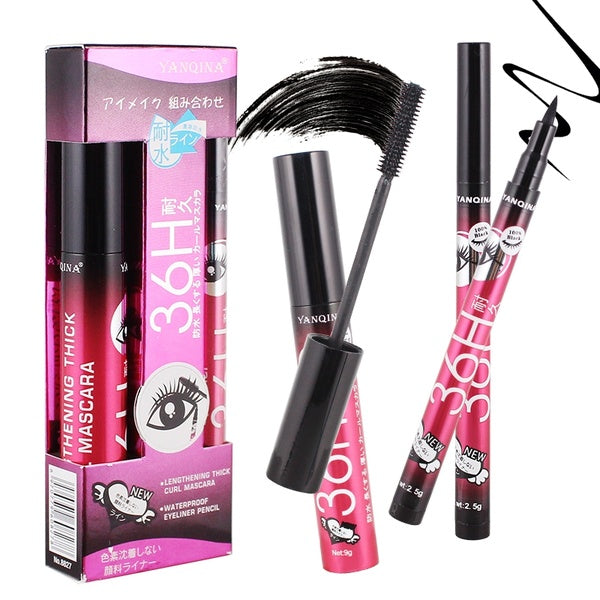 2 pcs - ensemble Yanqina 36H Noir Imperméable Liquide Mascara 4D Fibre Cils Curling Épais Allongement Noir Mascara Volume Cils Maquillage Ensemble