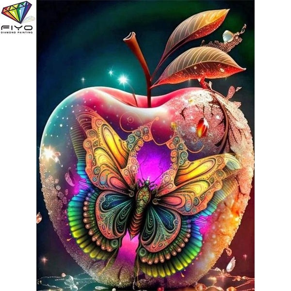 FIYO Apples and Butterflies DIY 5D Diamond Painting Full Drill with Number Kits Home and Kitchen Fashion Mosaic Diamond Painting Canvas Wall Decorati