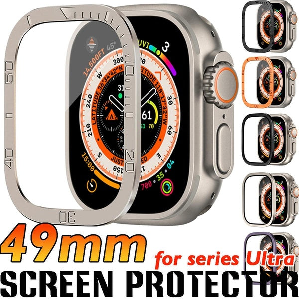 Tempered Glass with Metal Frame for Apple Watch Ultra 49mm Bumper Screen Protector Aluminum Alloy Frame Accessories Anti-Scratch HD Full Film for Iwa