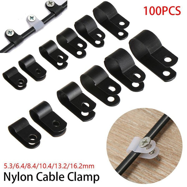 100PCS Plastic P Clips Black Hose Fasteners Cable R-Type Nylon Cable Clamp Mounting Fix Hardware Electrical Fittings Cable Clips
