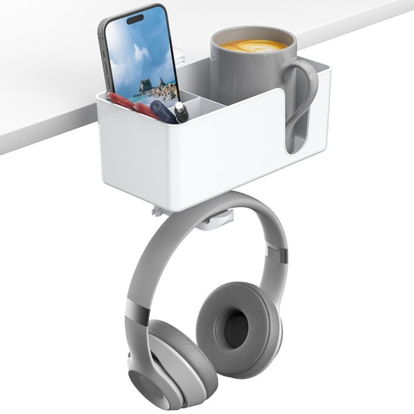 4 in 1 Desk Cup Holder,Clamp on Under Desk Headphone Hanger - Rotating Headphone Holder Detachable Pen Cup Holder Desk Storage for Cup, Phone and Pen