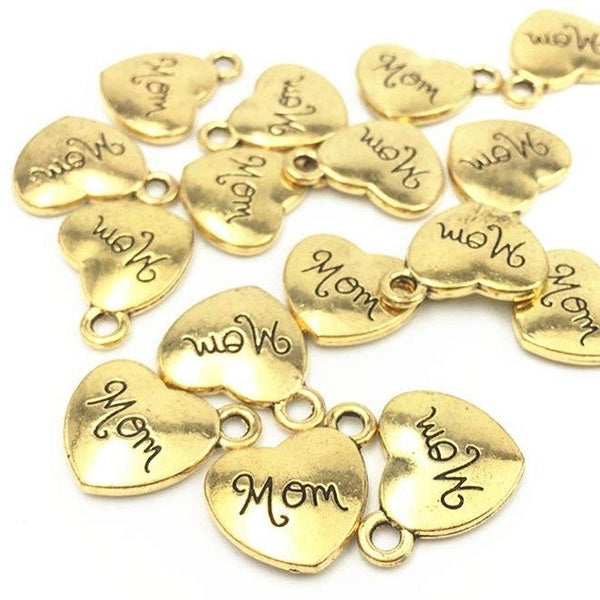 Mini Love Heart Mom DIY Charms Pendentif pour l'artisanat, accessoire de fabrication de bijoux (mom 20pcs Gold)