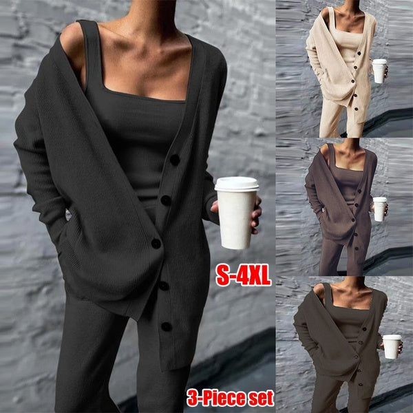 Women Three Pices Set Autumn Winter Knitted Solid Cardigan Tops Tank Top and Casual Loose Long Pants Female Suit Tracksuit S-4XL