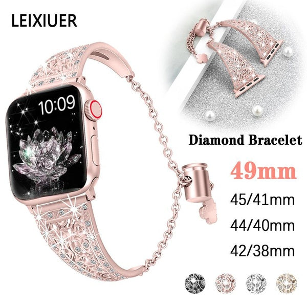 LEIXIUER Diamond Bracelet for smart watch ultra band 49mm series 8 7 SE 6 5 4 3 2 1 Stainless Steel Strap for smartwatch 41mm 45mm 40mm 44mm 42mm 38m