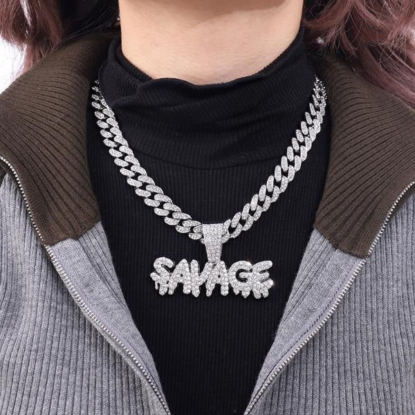 Punk Hip Hop Iced Out Crystal SAVAGE Letters Pendant Necklace Chunky Miami Cuban Link Chain Necklace Zircon Choker for Women Men Jewelry