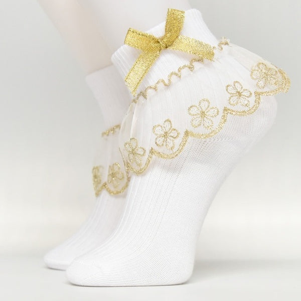Spring Autumn Thin Style Silver Gold Bowknot Lace Flower Cotton Socks for Baby Children Girls