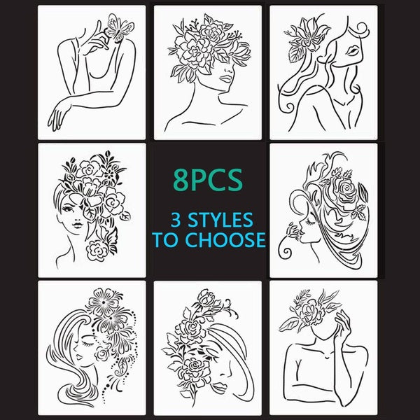 8 Pcs Women Theme Stencils Floral Female Face Stencil for Home Wall Art Decor Painting on Wood Canvas Paper