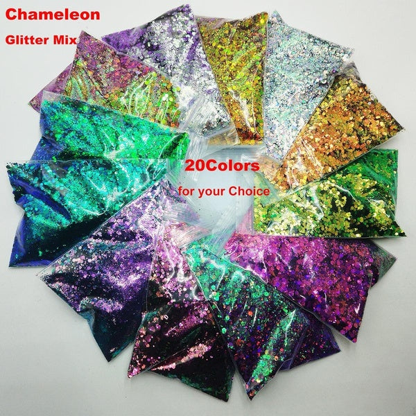 20COLORS Chameleon Glitter Mixed Metallic Luster Hexagon Chunky Shape Glitter Paillette Shape for Nail Art Body Makeup Craft Facepainting DIY