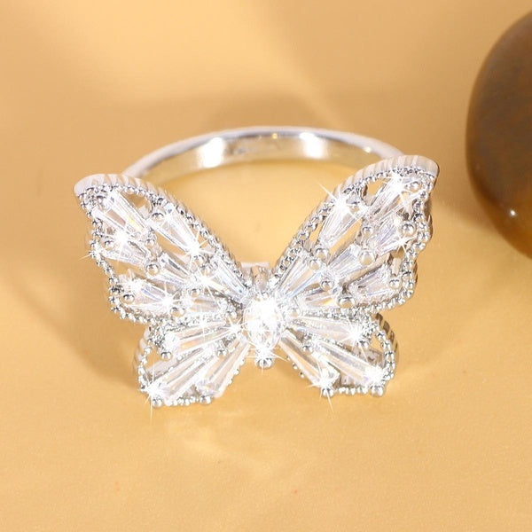 Gorgeous Shiny Butterfly MicroInset Zircon Ring Opening Adjustable Ring Fine Wedding Engagement Jewelry Anniversary Gift Everyday Accessories Matron Inn