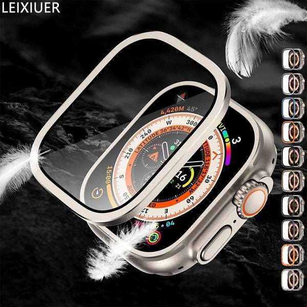 LEIXIUER Aluminum Alloy Metal Frame with Tempered Glass for Apple Watch Ultra 2-Ultra 49mm for Iwatch Ultra 2，Screen Protector Frame Bumper Anti-Scra