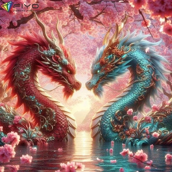 FIYO DIY 5D Peach Blossom Dragon Diamond Painting Full Drill with Number Kits Home and Kitchen Fashion Mosaic Diamond Painting Canvas Wall Decoration