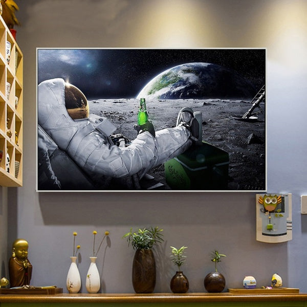 Wall Art HD Print Canvas Painting Beer Outer Space Earth Astronaut Relax Moon Poster Wall Picture for Family Room