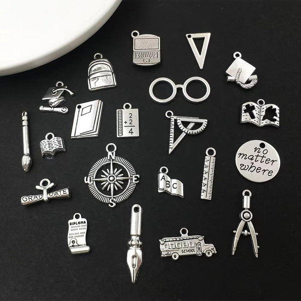 63pcs Mix Silver Color Book Bachelor Cup Pen Charms Paint Board Pendant Making School Supplies Jewelry Accessories
