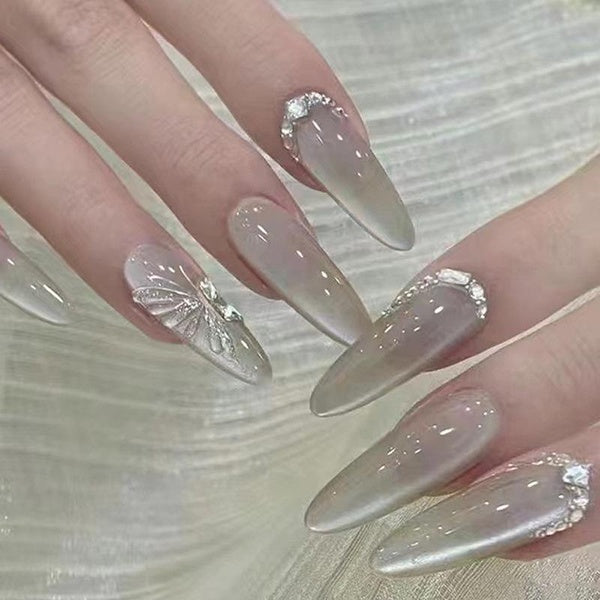 Butterfly Long stiletto Fake Nails Press on Nails Cat Eye Gradient False Nails Flower Rainbow Full Cover Nails Tips Nail Art
