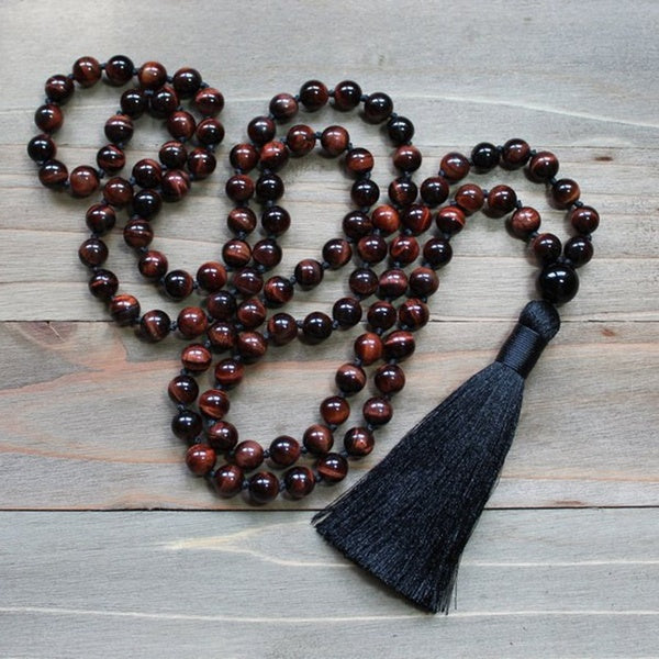 6mm Red Tigers Eye Necklace Luxury Jewelry 108 Mala Beads with Black Tassel Necklace Hand Knotted Necklace Yoga Gift for Men
