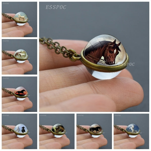 Trendy Jewelry Horse Stuff Double Sided Glass Ball Necklace Red Brown Horse Head Art Charms Horse Animal Pendant Necklace