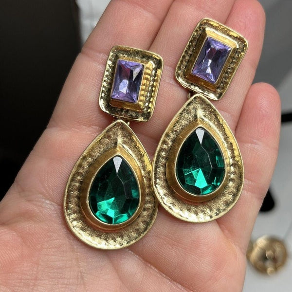 Boucles d'oreilles pendantes percées de strass vert violet étrusque
