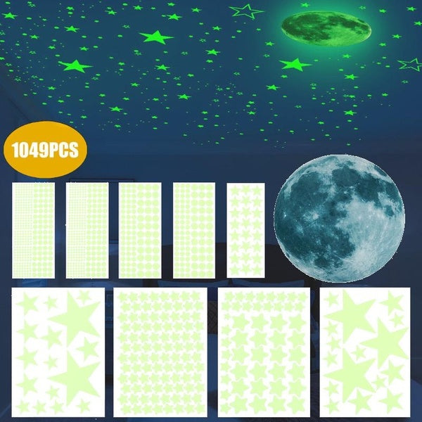 1049PCS Luminous Moon and Stars Wall Stickers for Kids Room Baby Nursery Home Decoration Wall Decals Glow in The Dark Stars for Ceiling