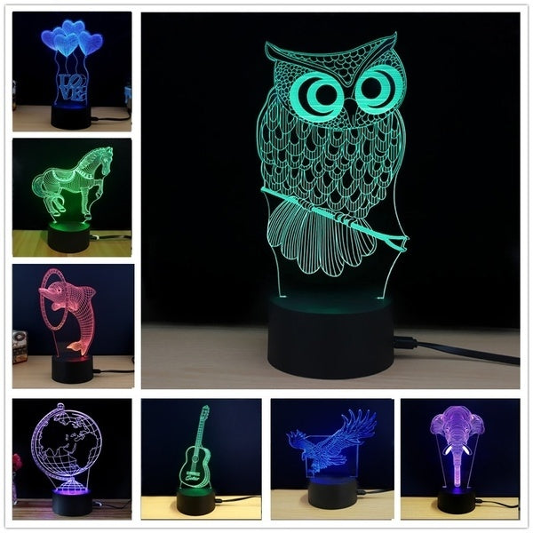 Owl-Horse-Dolphin-Elephant-Eagle-Love Heart-Earth-Guitar Touch 3D Visual LED Night Light 7 Color Change Table Lamp Kids Boys Gift Home Decor with USB