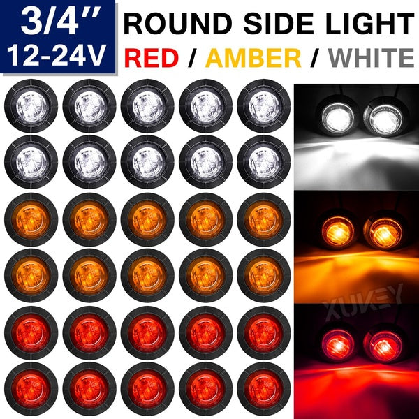 10Pcs Amber-Red-White Round 3-4" LED Side Marker Light 12V 24V Indicator Signal Grille Lamp Truck Trailer Caravan Camper UTV UTE