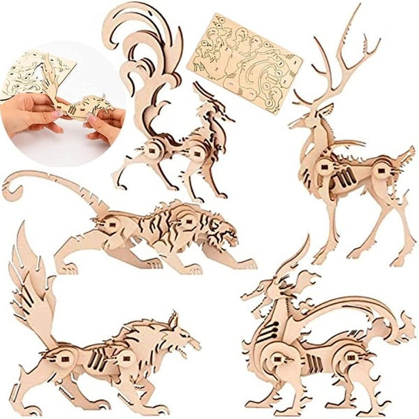 2 or 1 sets 3D Wooden Puzzle Blocks DIY Fox Puzzle Dolls Log Deer Tiger Kirin Crafts Assembly Kits for Painting Creation Eduction Wood Arts and Craft
