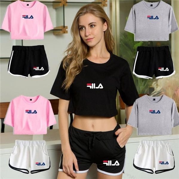 Womens and Girls Crop Tops Two Piece Summer Outfit Short Sleeve Shorts Set Fashion Yoga Sports Suits