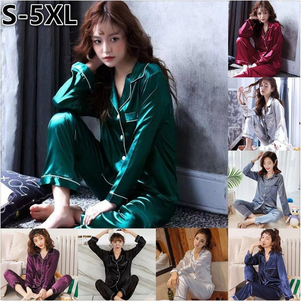 New Cute Women's Silk Satin Pajamas Lapel Cardigan Top Elastic Waist Trousers Comfortable Pajamas Set Pajamas sleepwear Homewear