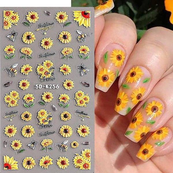 5D Sunflowers Nail Stickers Fall Design Floral Butterfly Bee Nail Decal Self-adhesive Embossed Sliders Manicure Decor GL5D-K256
