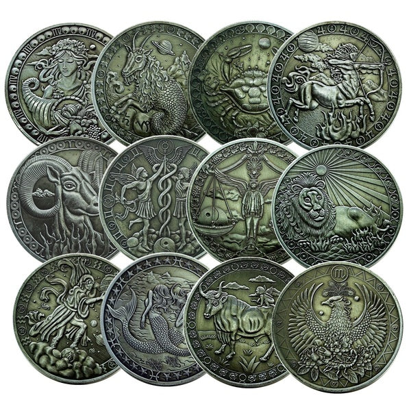 12 Constellations Antique Silver Embossed Commemorative Coin Love Mermaid Sun God Coin Home Decoration Accessories