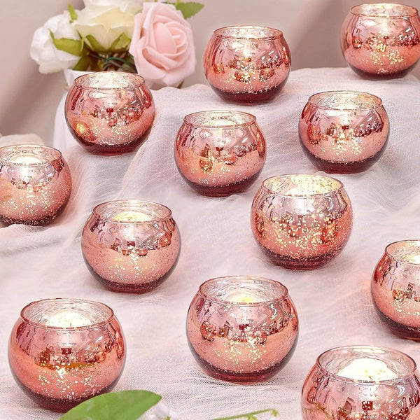 12pcs Rose Gold Glass Votive Candle Holders- Small Mercury Tealight Candle Holders Rose Gold Party Decorations for Wedding, Bridal Shower, Engagement